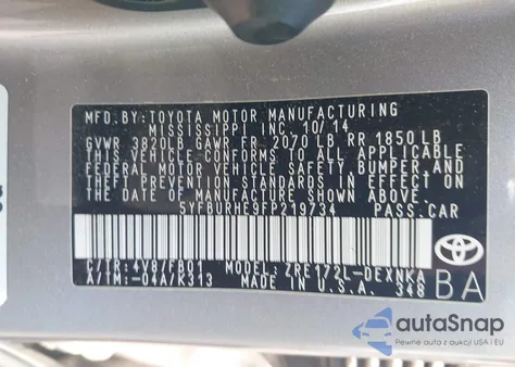 2015 Toyota Corolla Le Plus from USA, damaged, VIN 5YFBURHE9FP219734